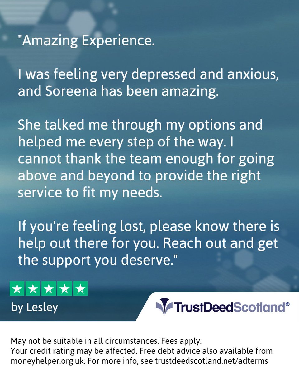 🆕 Trust Deed Scotland® <a href="/Trustpilot/">Trustpilot</a> review.
★★★★★ by Lesley.

Read more reviews:
➡️ trustdeedscotland.net/reviews

What will 𝘆𝗼𝘂𝗿 Debt Help Story be?

Get started:
➡️ trustdeedscotland.net

📞 0141 221 0999

#soreenafromtrustdeedscotland