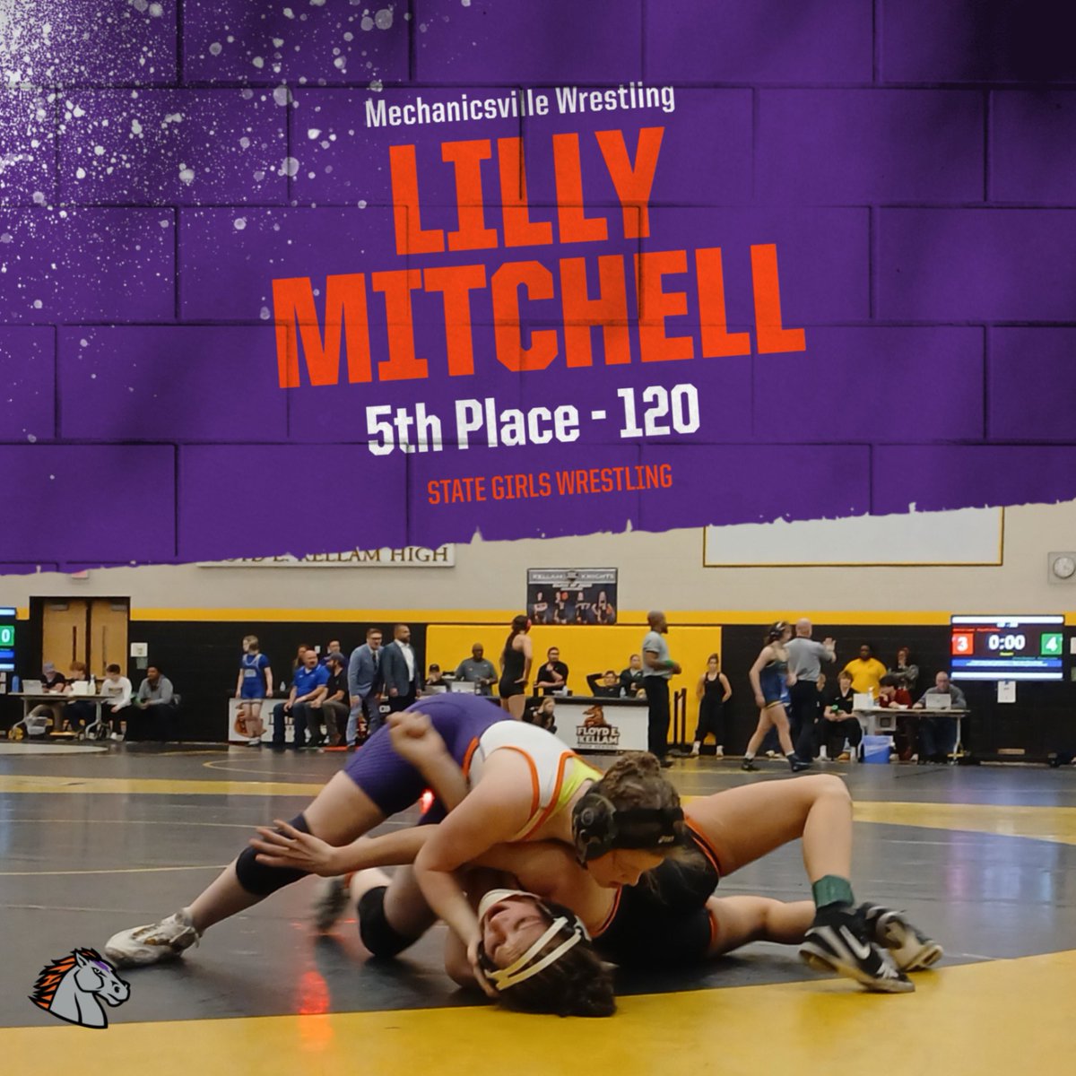 VilleAthletics's tweet photo. State podium finisher! 💪
Lilly Mitchell placed 5th at the Class 4 Girls Wrestling State Championship. What an incredible way to cap off the season. Mustang Country is proud! https://t.co/BKZWCNhdm8