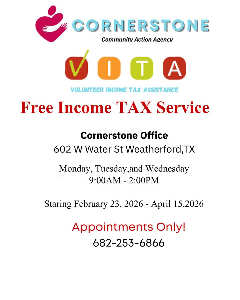 Taxes can be stressful, but they do not have to be. Cornerstone Community Action Agency is offering FREE tax prep and filing for moderate to low-income  individuals and households through VITA.

📍 602 W Water St, Weatherford, TX
📞 Appointments only, call 682-253-6866