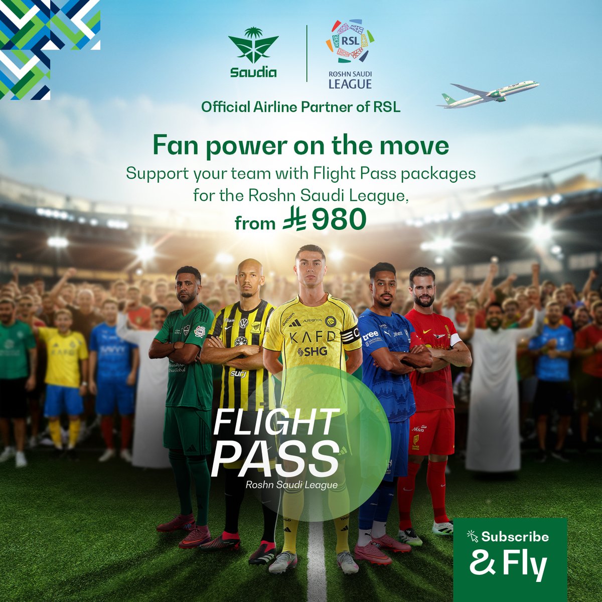 SaudiAirlinesEn's tweet photo. The competition is heating up. Don’t just watch, be there. ⚽🔥
#FanPowerOnTheMove starts here with #FlightPass for the Roshn Saudi League
Starting from 980 SAR for 3 months 🤩
@SPL_EN
Subscribe and fly ✈️
https://t.co/fVrZEh9YEk
#ThisIsHowWeFly https://t.co/tdAMH7YV8P