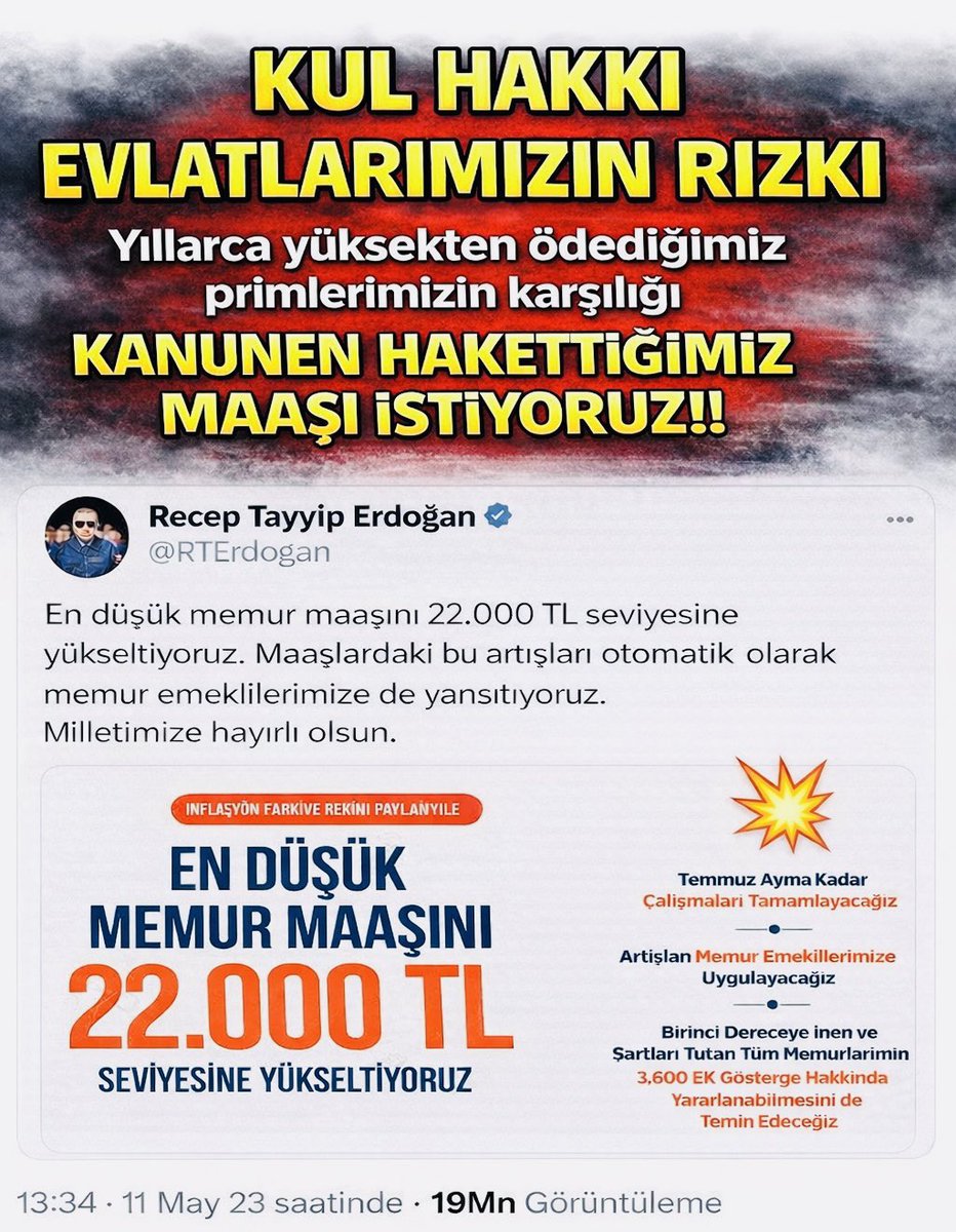 <a href="/Akparti/">AK Parti</a> Emeğimi elimizden aldınız.
33 aydır SEYYANEN Hakkını vermediniz.
Ne oldu SÖZÜNÜZ?
Tweet size ait değil mi?
#EmekliMemur
#MemurEmeklisineAdalet
<a href="/RTErdogan/">Recep Tayyip Erdoğan</a>
<a href="/Akparti/">AK Parti</a> <a href="/TBMMGenelKurulu/">TBMM Genel Kurulu</a>