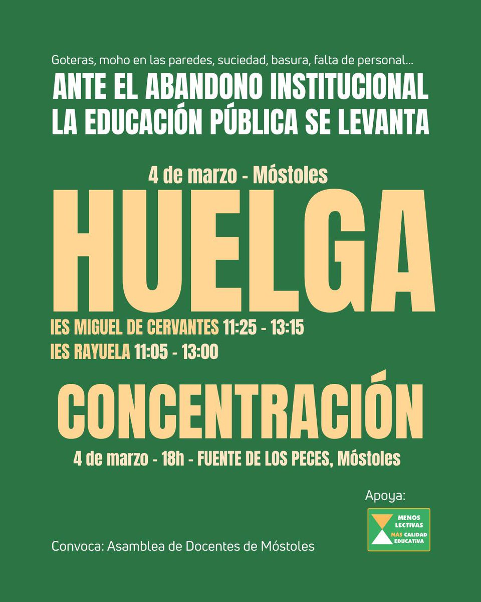 MAÑANA 4 de marzo todxs a apoyar a lxs compas de los IES de Móstoles ‼️

ℹ️ATENCIÓN: los paros están sólo convocados en esos 2 IES de Móstoles, ningún docente más puede ponerse en huelga ese día