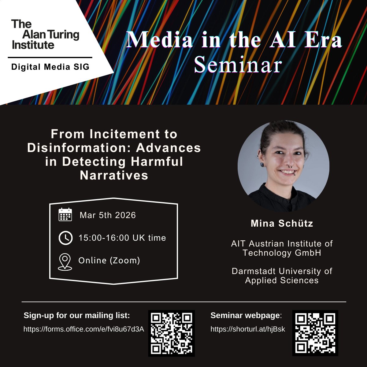 DigitalMediaSIG's tweet photo. Our next seminar, on the topic "From Incitement to Disinformation: Advances in Detecting Harmful Narratives", will take place online on March 5th, at 15:00 UK time. Please sign up for our mailing list (on the picture below) to receive the link. https://t.co/93Ld84AKen