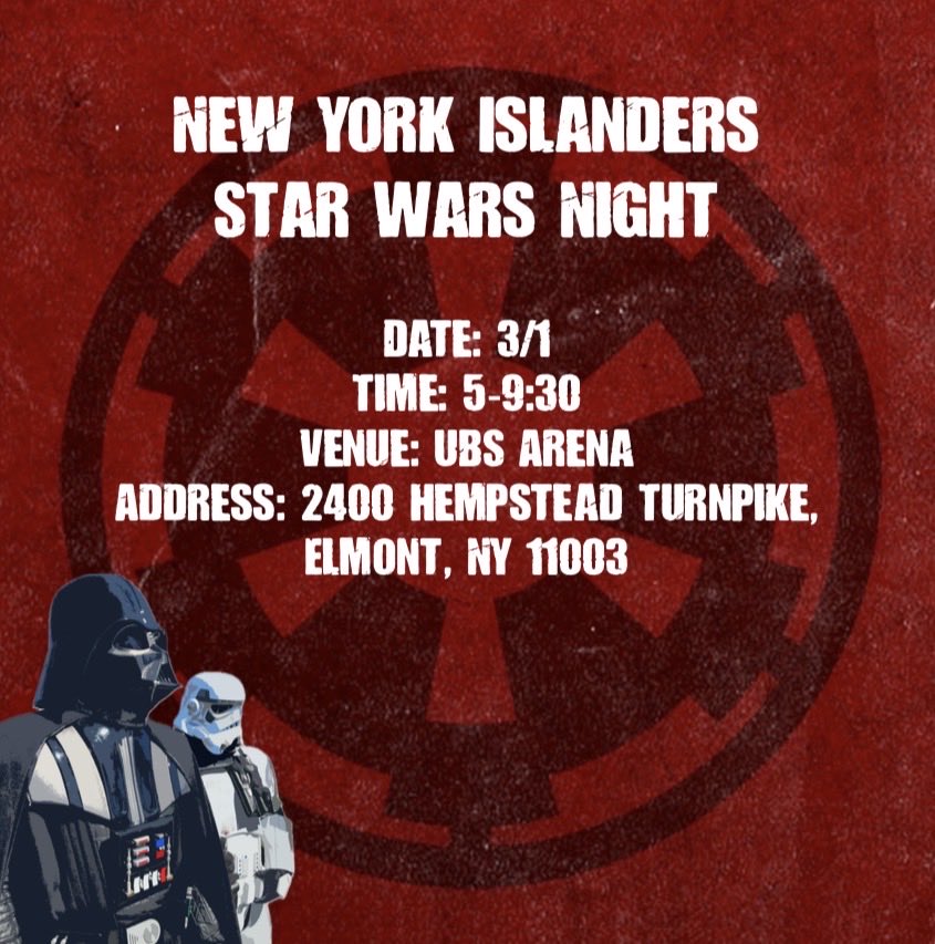 501ECG's tweet photo. Here’s where we’ll be this week if it EVER STOPS SNOWING
.
New York Islanders Star Wars Night
Date: 3/1
Time: 5-9:30
Venue: UBS Arena
Address: 2400 Hempstead Turnpike, Elmont, NY 11003
.
.
.
#501stlegion #501stecg #empirecitygarrison #starwars #islandershockey https://t.co/PoI4ObTiWd