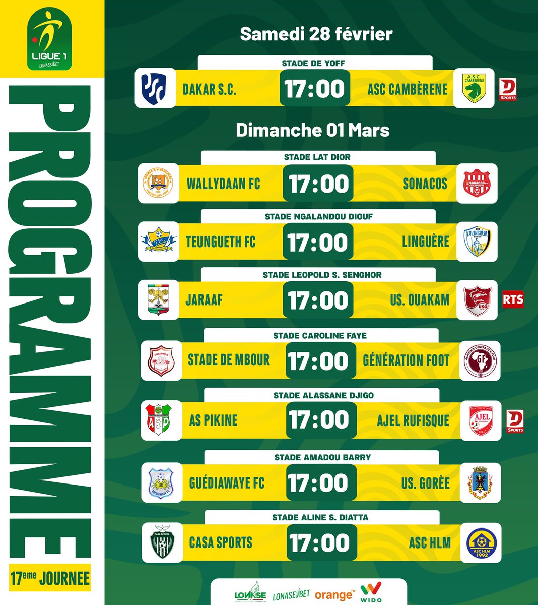 LSFP_sn's tweet image. 🗓️Programme de la 17e journée de la Ligue 1 LONASE BET ⚽️🔥

Plusieurs affiches à ne pas manquer, dont le choc AS Pikine 🆚 AJEL Rufisque à suivre sur DSport, ainsi que le derby dakarois ASC Jaraaf 🆚 US Ouakam, diffusé sur la RTS 1.

Rendez-vous ce week-end à partir de 17h
#LSFP