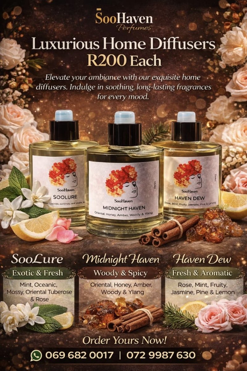 ThatowaOntla's tweet photo. 🌙 Midnight Haven – Bold mint and citrus wrapped in smoky elegance
🌸 Soolure – Soft floral notes blended with warm amber sensuality
🍃 Haven Dew – Fresh botanical aromas with a tranquil ocean breeze
Price: R200 each
📞 072 9987 630
📞 069 682 0017
Delivery available.
#homealone https://t.co/DKvUj5poe6