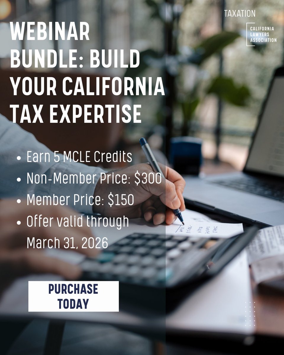 Build your California state tax expertise while earning the specialty credits you need! Our limited-time CLE2Go bundle includes 5 hours of MCLE! Offer valid through March 31, 2026. calawyers.org/taxation/earn-…