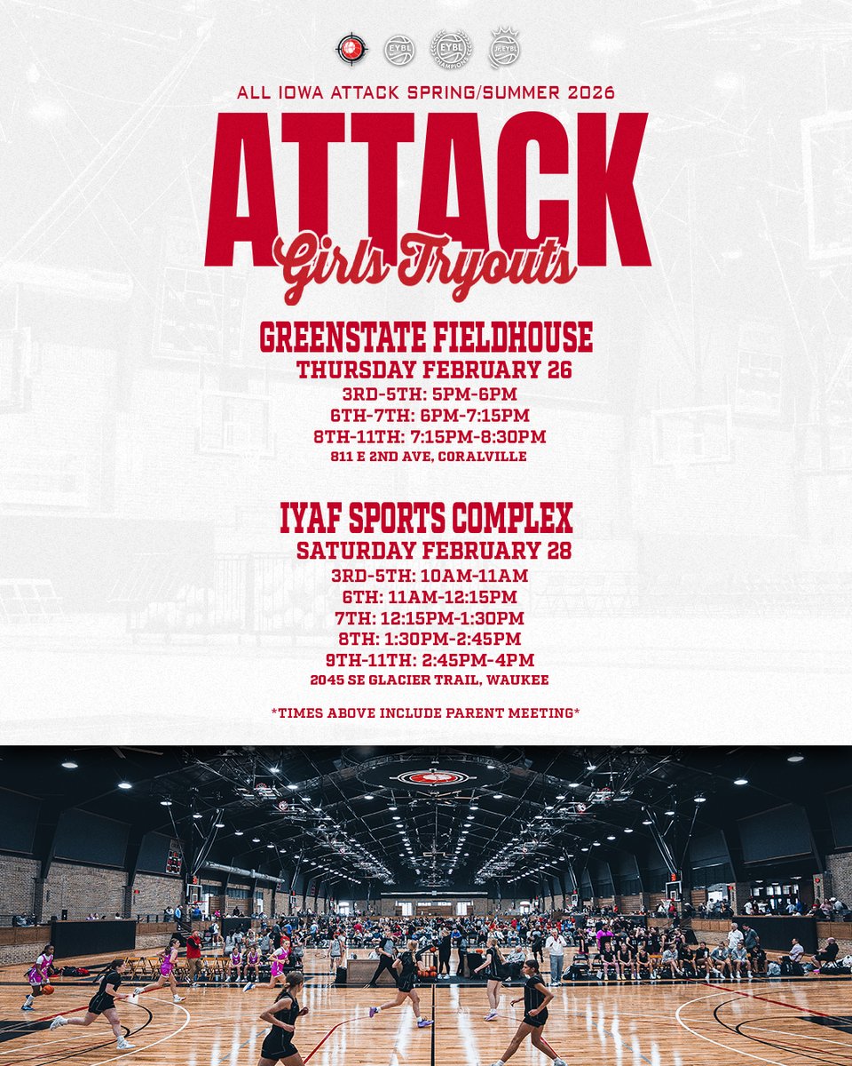 AllIowaAttack's tweet photo. 𝓐𝓘𝓐 𝓖𝓘𝓡𝓛𝓢 𝓣𝓡𝓨𝓞𝓤𝓣𝓢 ⛹️‍♀️
🚨 Last call for Spring/Summer Tryouts 🚨
🔜 Thursday in Coralville
🔜 Saturday in Waukee

Register here: https://t.co/lVxqkVX84e https://t.co/rYtk79SkzB