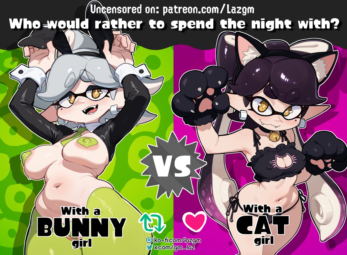 gm_laz's tweet photo. A freaky vibe is in the air, which means Hornyfest is coming! 👀✨This time the questions is:   

Who would you rather spend the night with? With a bunny girl 🐰💚 or with a cat girl🐱💜?

This event kicks off uncensored on my Patreon!  ✨
(link in bio) ✨ https://t.co/USuVrzLrsP