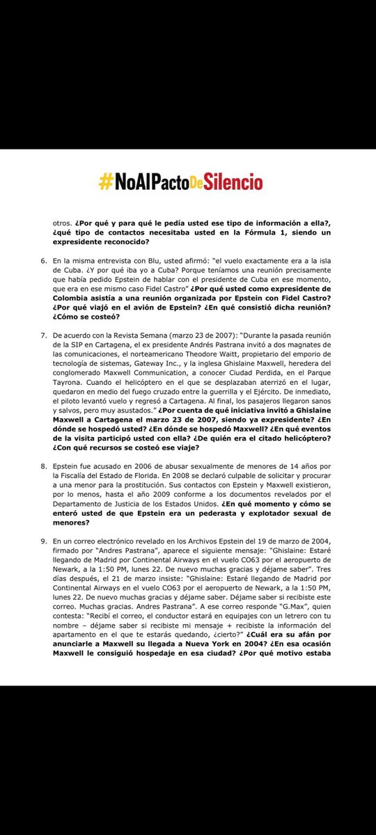 olgabehar1's tweet photo. Estas son 20 preguntas pertinentes a @AndresPastrana_ , cuyas respuestas contribuirán a esa claridad tan necesaria sobre su relación con los esposos Epstein. #NoAlPactoDeSilencio. https://t.co/D7rUjW86hU