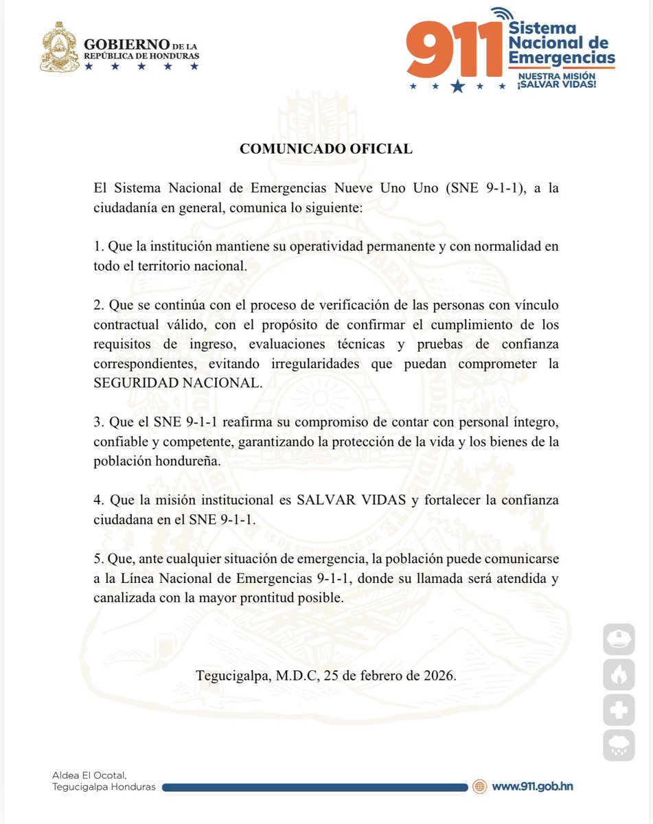 🚨SNE 911, continúa operando con normalidad mientras se sigue con el proceso de verificación de las personas con vínculo contractual valido. 

#NuestraMisiónSalvarVidas #EstamosOperando #911Honduras