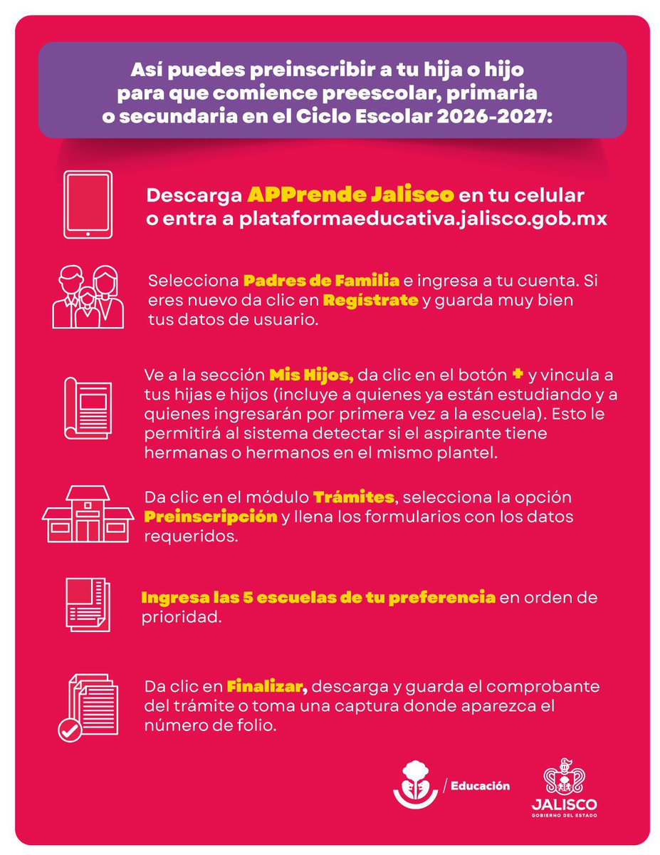 Familias, les informo que el periodo para realizar el trámite de preinscripción a preescolar, primaria y secundaria para el Ciclo Escolar 2026-2027, se extendió hasta el próximo 6 de marzo.

Pueden hacerlo de manera rápida y sencilla desde la aplicación #APPrendeJalisco o