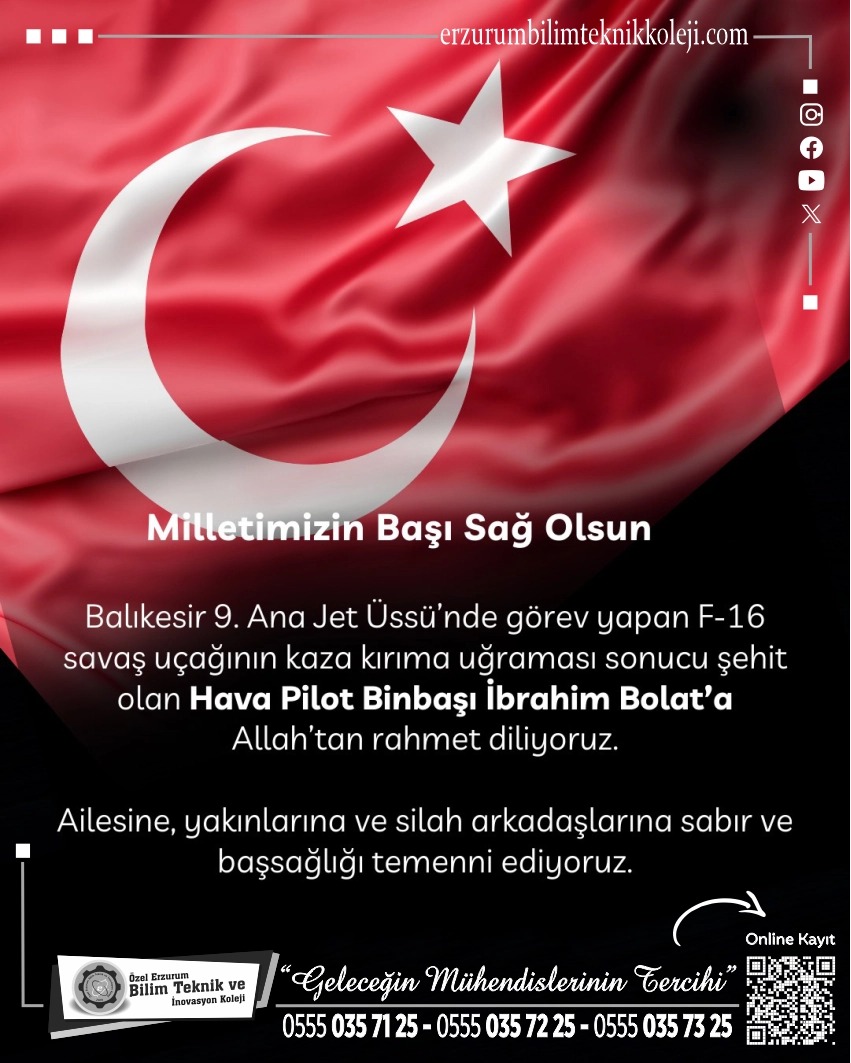 ErzurumBtk's tweet photo. Balıkesir’de düşen F-16 uçağımızda şehadete eren kahraman Hava Pilot Binbaşımız İbrahim Bolat’a Allah’tan rahmet; kederli ailesine, Türk Silahlı Kuvvetlerimize ve aziz milletimize başsağlığı diliyorum. Kahramanımızın mekânı cennet, makamı âli olsun. 🇹🇷 https://t.co/9TKwiLjYcp