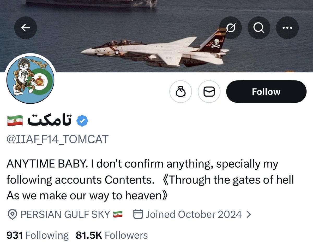 🚨 The Islamic Republic has arrested an Iranian X user who posted about fighter jets and military tech. 🚨

This regime is so fragile that it considers even a social media enthusiast a threat to its existence...
#IRGCterrorists
TOMCAT is just a teenage X user who’s interested in
