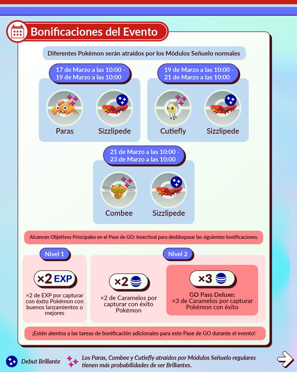 PokemonGoAppLA's tweet photo. El evento "Insectival" regresa a #PokemonGO ¡Con el debut de Blipbug y sus evoluciones!

Del 17 de marzo a las 10:00 h al 23 de marzo a las 20:00 h (hora local).

https://t.co/mFPI7YlpeG https://t.co/tyALjYaEBN