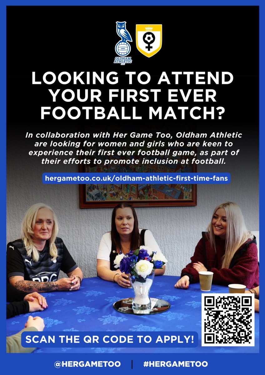 alisonschofe22's tweet photo. Calling women in and around Oldham 📣

We’re launching a First Time Fans initiative for our @HerGameToo fixture this #IWD 🦉

If you’ve never (or rarely) been to a match, join us at Boundary Park to watch #oafc vs Grimsby 💙

📅 14 March

Info &amp; Apply ⬇️ https://t.co/iYiRv2Kmrg https://t.co/arknbL5FZh