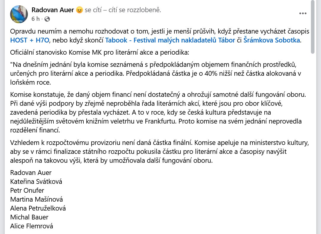 michalspina's tweet photo. vláda slibovala podporu živé kultury, místo toho škrtá. u literárních časopisů a akcí se mluví o snížení rozpočtu o 40 procent, takže zbytek podle odborné komise ani nemá smysl rozdělovat. A2 @ZkrA2tka čeká na konkrétnější info z MK a koordinuje se s dalšími literárními časopisy. https://t.co/f0FFRbtPdg