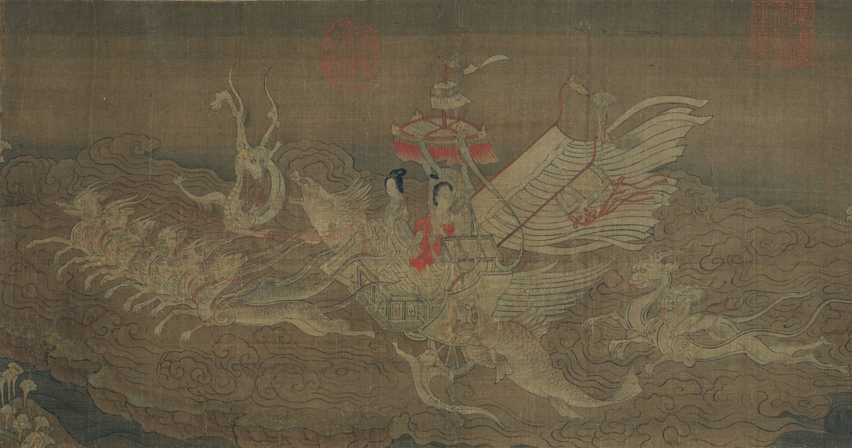 ChinaShowcase's tweet photo. The earliest images of human figures riding dragons appear in Chu art of the Warring States era. By the Han dynasty, the dragon’s function evolves into a chariot of the eternal realm — a vision later immortalized in Gu Kaizhi’s Luo Shen Fu, where six dragons draw a divine chariot https://t.co/57kzcTNkd2