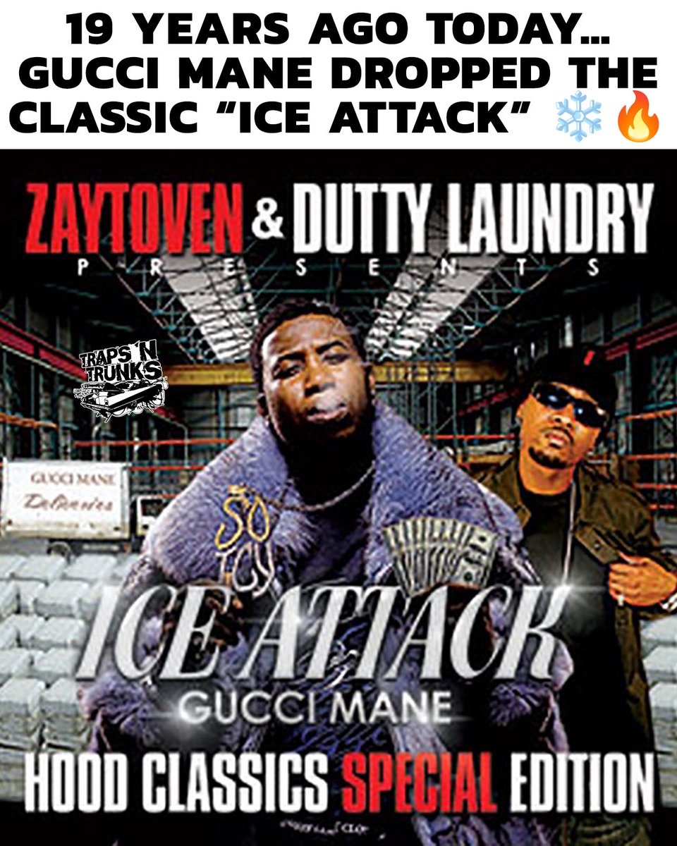 trapsntrunks's tweet photo. 19 years ago today, Gucci Mane linked with Zaytoven and Dutty Laundry to drop Ice Attack… one of those LiveMixtapes-era classics that had everybody downloading, burning CDs, and riding around with the trunk knocking 💿❄️ From “Alligators” to “Freaky Gurl” to that crazy intro energy, this tape was pure Atlanta trap before the mainstream wave caught on. 19 years later and it still hit the same… where y’all rank Ice Attack in Gucci’s mixtape run, and what’s your favorite track off it?? 👀🔥