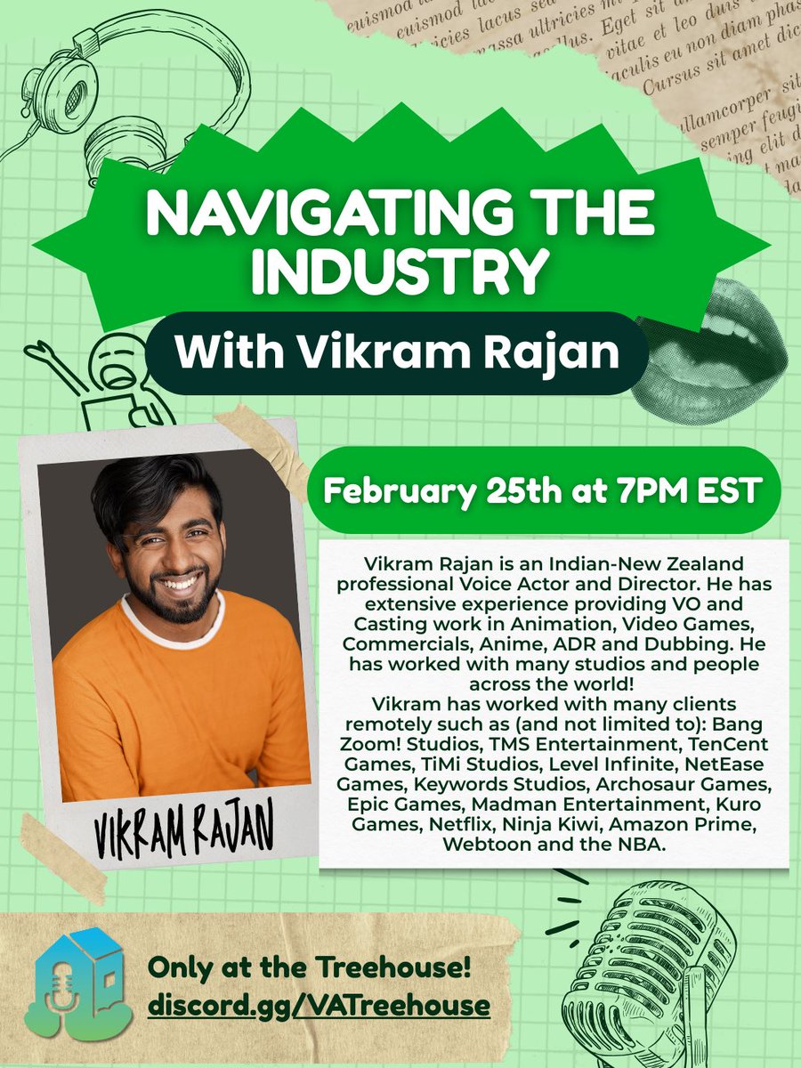 VA_Treehouse's tweet image. Hey Voice Actors! Coming in hot!🔥

Join us for a free-entry speaker interview with Vikram Rajan TODAY February 25 @ 7pm EST / 4pm PST

Only in the Treehouse 👉 Discord.gg/vatreehouse

#voiceacting #voiceactor #voiceover #interview #vo #va #vatreehouse