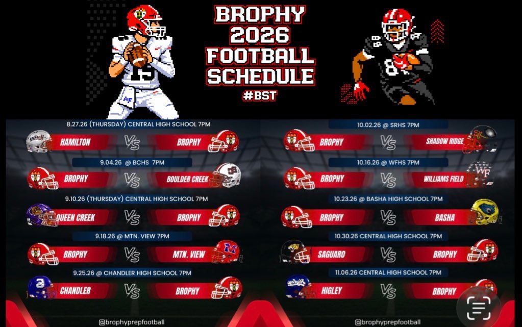 BrophyAthletics's tweet photo. 2026 Brophy Football Schedule 

Ready… down… hut hut hut.

Inspired by Tecmo Bowl https://t.co/jUMasncQUQ