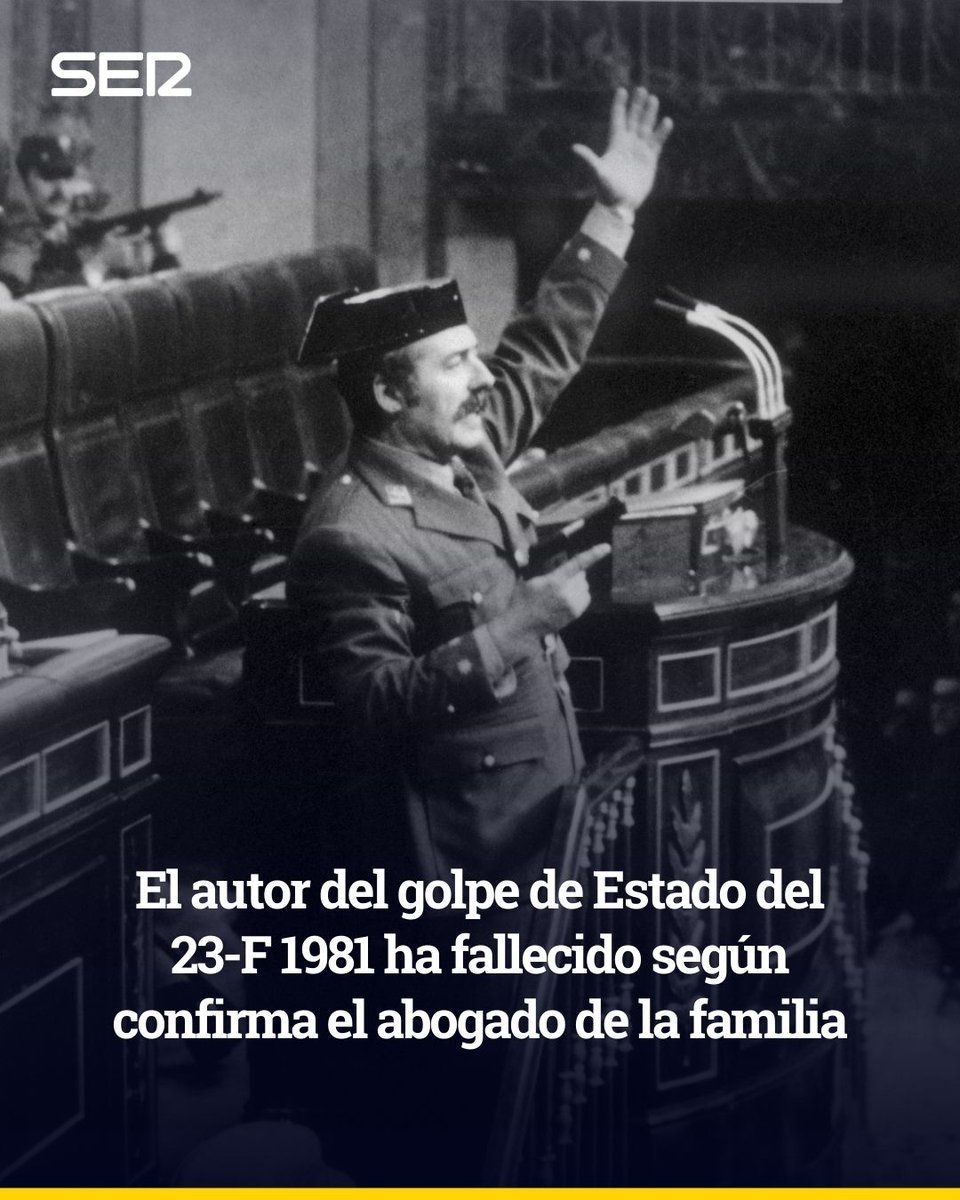 ⚫ Muere a los 93 años Antonio Tejero, autor del intento de golpe de Estado de 1981

Ha muerto horas después de que el Gobierno haya desclasificado los documentos del 23-F

cadenaser.com/nacional/2026/…