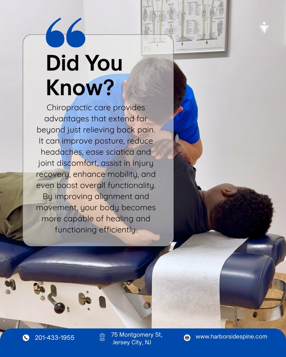 HarborsideSpine's tweet photo. Did you know chiropractic care does more than just relieve back pain? 👀

Proper alignment can help improve posture, reduce headaches, ease sciatica, support injury recovery, and enhance overall mobility. When your spine moves better, your body functions better. https://t.co/pwRIObvOm6