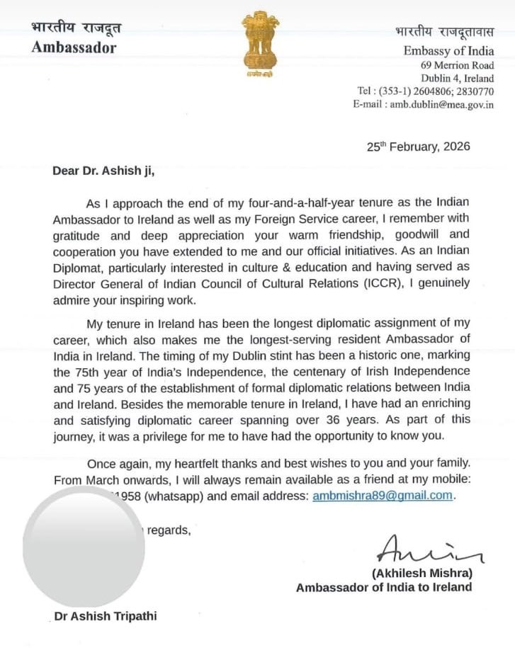 Gratitude to His Excellency IFS Akhilesh Mishra Ji,Ambassador of India to Ireland.
<a href="/AkhileshIFS/">Akhilesh Mishra</a>