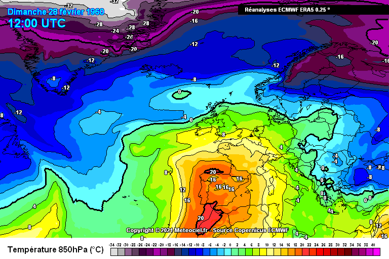 Se llama efecto foehn y ocurre cada vez que hay viento del sur en esa zona. En 1960 hubo una mucho más potente,se alcanzaron los 30°C en amplias zonas de Francia. De ese día es el récord de febrero de Madrid-Retiro,con 23°C.