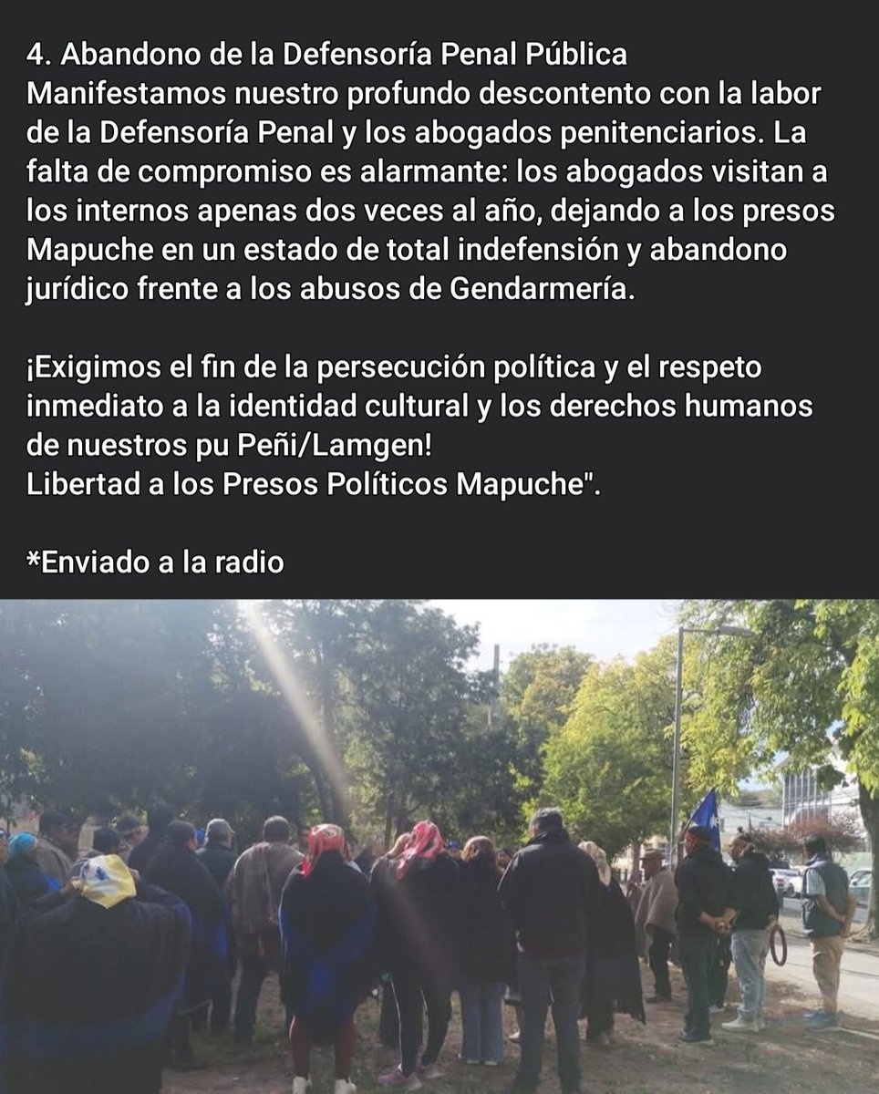 FEWLA  WALMAPU  TEMUKO

Declaracion prisioneros politicos mapuche carcel d temuko, familiares y comunidades ante vulneracion sistematica d ddhh y convenio 169 <a href="/OITAmericas/">OIT Américas</a> x parte de gendarmeria politica d shile.!
Via <a href="/RadioKurruf/">Radio Kurruf</a> 
<a href="/OITnoticias/">OIT</a> <a href="/trolky/">Renata Braun</a> <a href="/inddhh/">INDH Chile</a> <a href="/CIDH/">CIDH - IACHR</a> <a href="/gmobastias/">Guillermo Bastias</a>