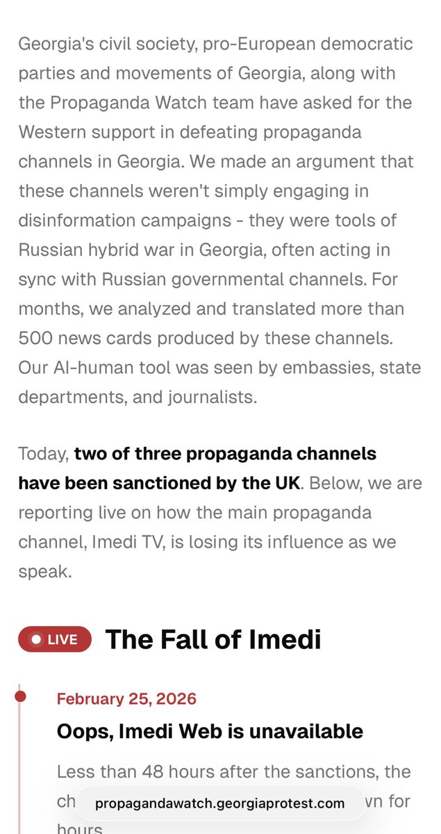 DavitJi's tweet photo. Victorious day for ImediWatch team and the entire civil society of Georgia - Georgia's propaganda channels are sanctioned by 🇬🇧 and the website of hybrid warfare machine is down. For months, Georgians demanded a strong response - and we got it today. We will win. https://t.co/zCCFJT4x0x
