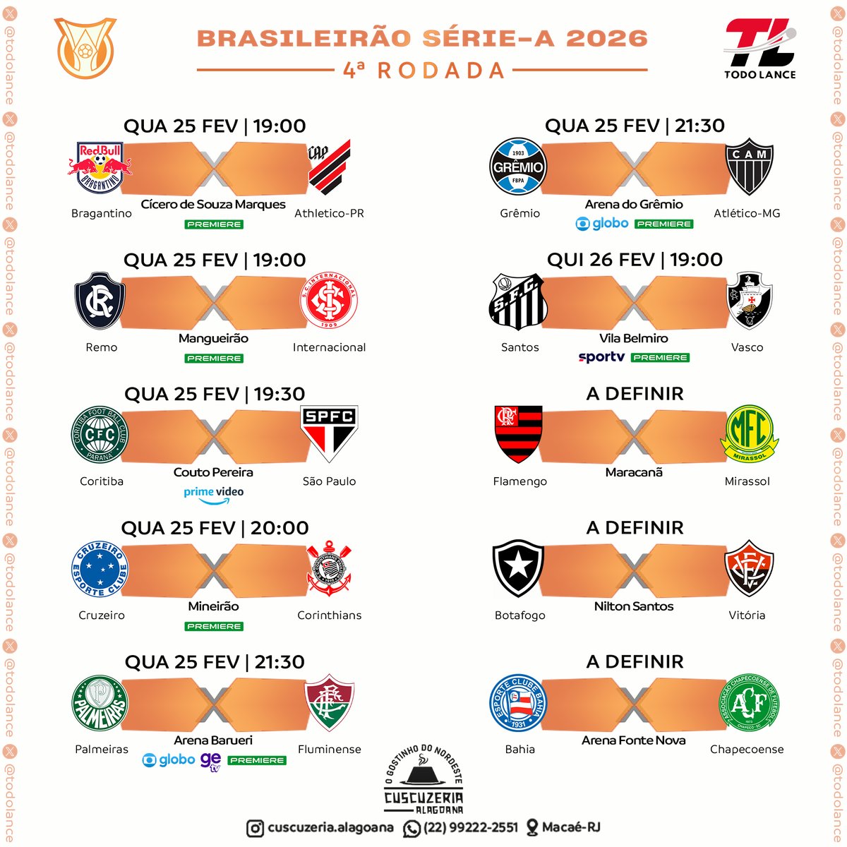 TodoLance's tweet photo. Veja onde assistir aos jogos da 4ª rodada do #Brasileirao2026 🇧🇷 https://t.co/ryeA2r7Lyv