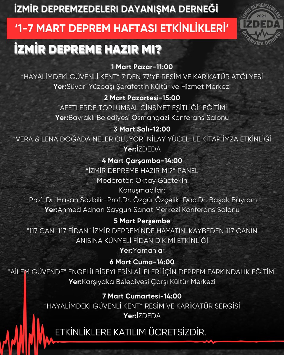Fkoruyucu1's tweet photo. #İzmireKulakVerin 
@izdeda
@haydarozkan90 
1-7 MART DEPREM HAFTASI https://t.co/ZtVJ3K1Gmq