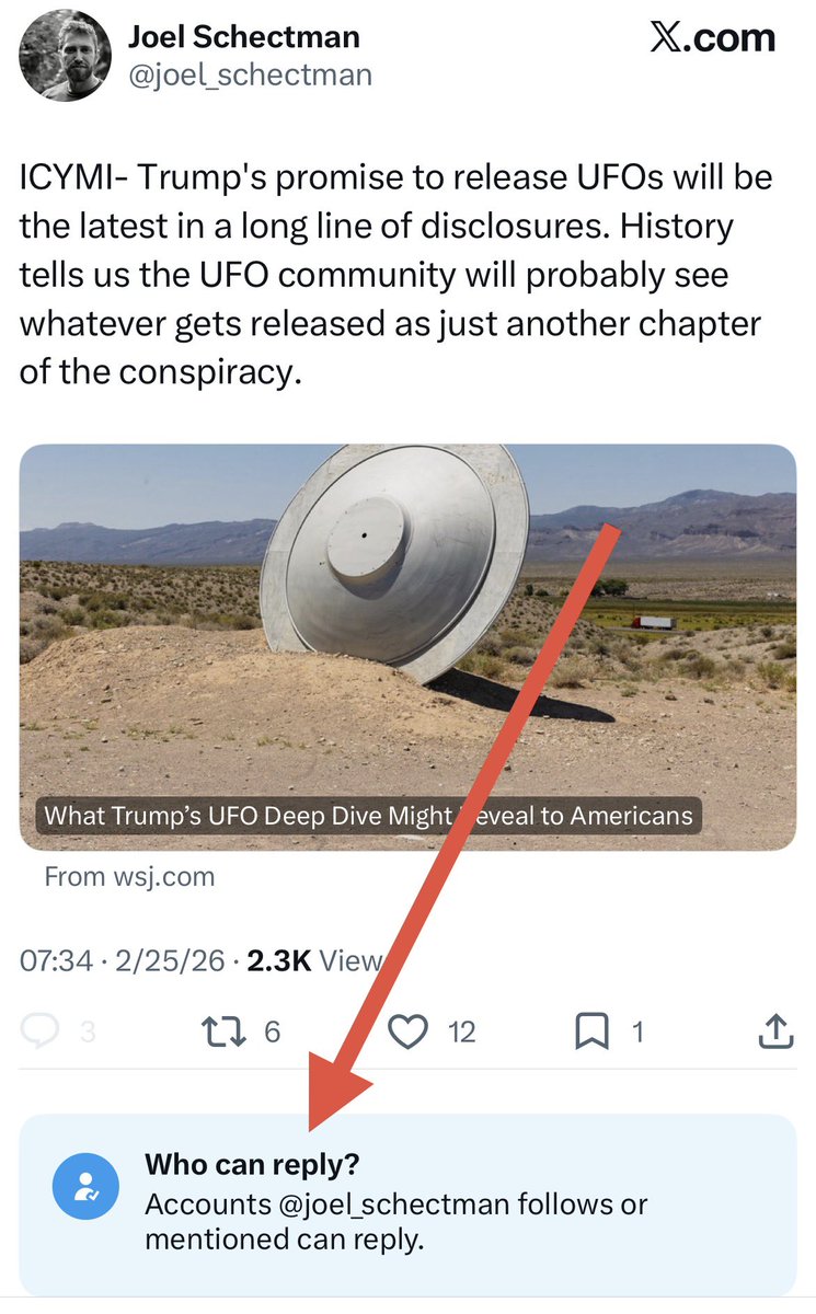 MvonRen's tweet photo. After @WSJ reporter @joel_schectman was caught uncritically regurgitating CIA disinformation, he limited comments on his posts.

Worse, he doubled down on the disinformation in this thread.

UAP skeptics and proponents agree that CIA is lying re: the U-2: https://t.co/7lx5icneSm https://t.co/lXBRm9EhOk