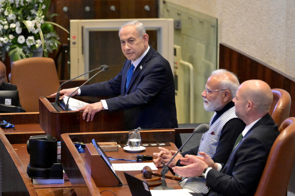 Prime Minister Netanyahu in a special Knesset session honoring Prime Minister <a href="/narendramodi/">Narendra Modi</a>:

“India and Israel are two ancient civilizations, from the Indus Valley to the Jordan Valley.

Our alliance multiplies our strengths, in spirit, in action, and in innovation.

Together,