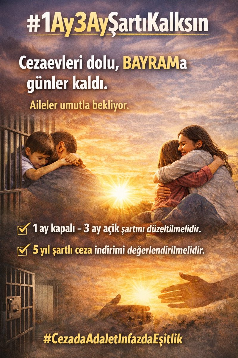 Merve_0896's tweet photo. @CYAZMAC @Akparti #1Ay3AyŞartıKalksın

Cezaevlerinde artan yoğunluk ortada. BAYRAMa sayılı günler kala infaz düzenlemesinin yetişmesi hayati önem taşıyor.

1 ay kapalı – 3 ay açık şartı ivedilikle düzeltilmelidir.

5 yıl şartlı ceza indirimi artık somut bir ihtiyaçtır

#CezadaAdaletİnfazdaEşitlik https://t.co/hNDC5EMbYw