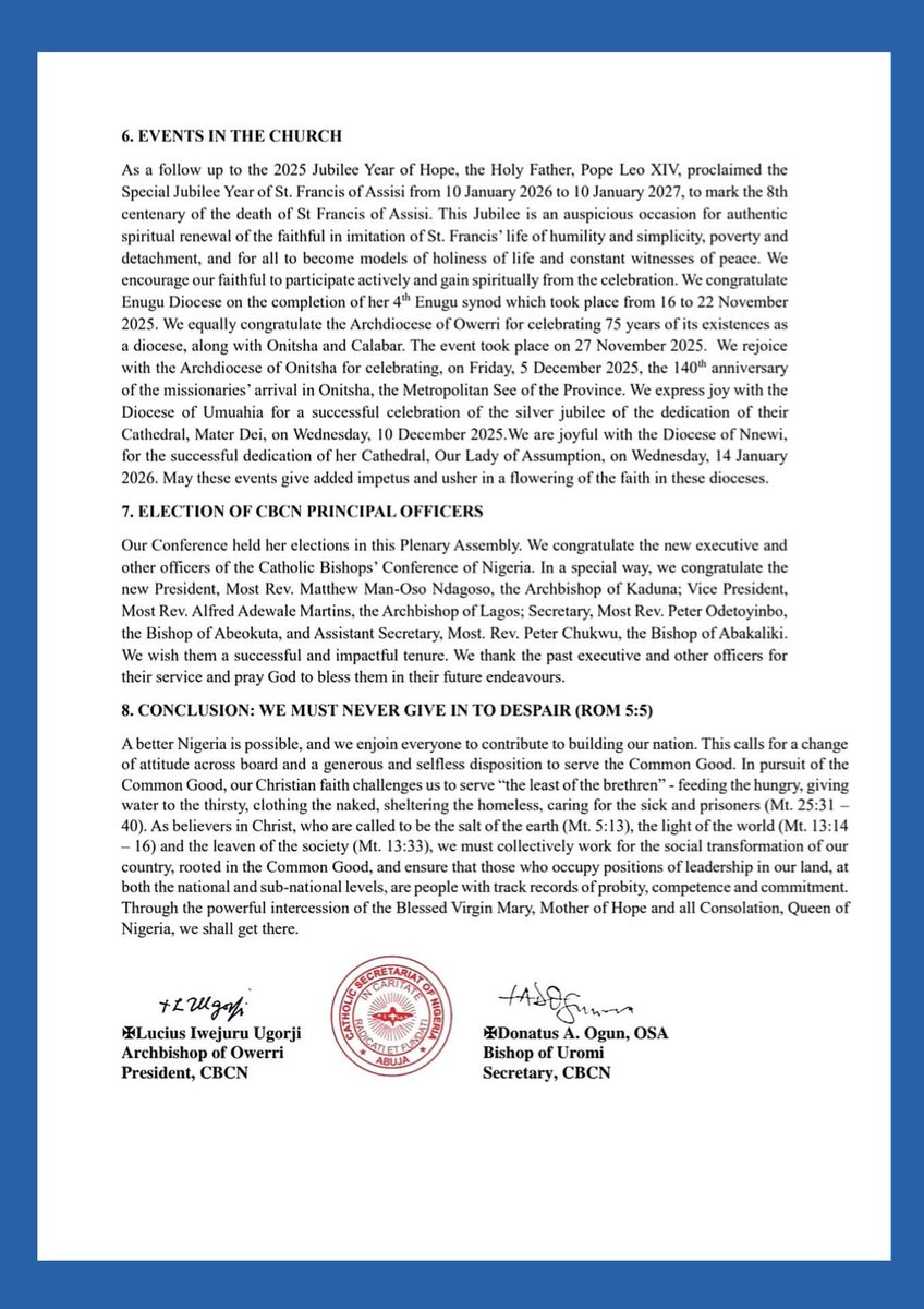 FrUgochukwu's tweet photo. The communique issued by the Catholic Bishops’ Conference of Nigeria (CBCN) at the end of their 2026 First Plenary Meeting in Abuja. https://t.co/uwOnRJXEge