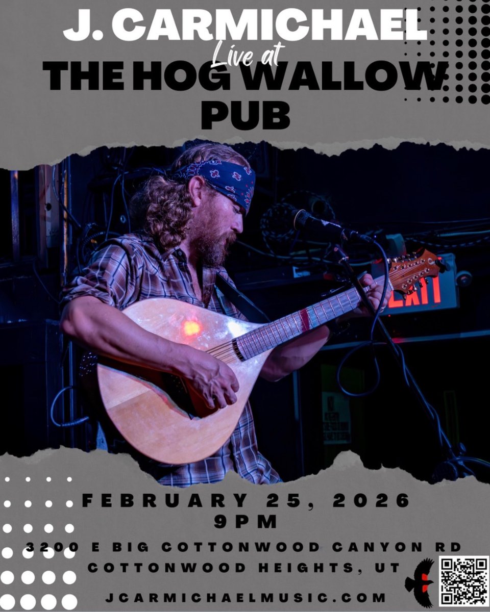Americana swagger + late-night beers 🍺🔥
J Carmichael hits the stage 9–12 • $5 at the door — come shake the midweek dust off and stay out a little later than you planned 🎸🎶

#JCarmichael #AmericanaRock #LiveMusicSLC #TheHogWallowPub #CottonwoodHeights #MidweekMusic