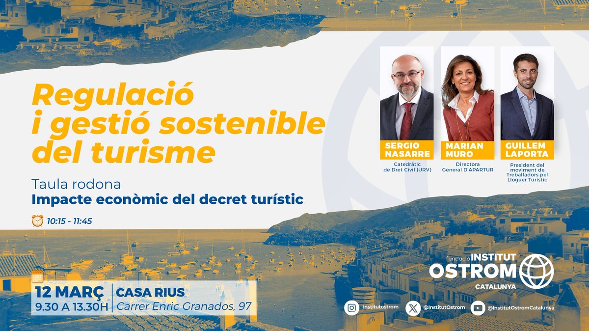 InstitutOstrom's tweet photo. 🏘️ Regulació i gestió sostenible del turisme
📅 12 de març
🕤 9.30–13.30h
📍 Casa Rius (Enric Granados, 97)

🗣 Impacte econòmic del decret turístic amb @SNasarreA, @apartur i @movimentlloguer

🎟 Inscripcions obertes: https://t.co/waiJZsbOb1 https://t.co/irOil7aSvN
