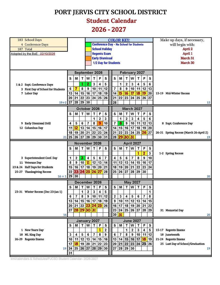 pjschools's tweet image. The 26-27 Port Jervis School calendar was approved at last week's PJ BOE meeting.  Save your dates!  #GoPORT