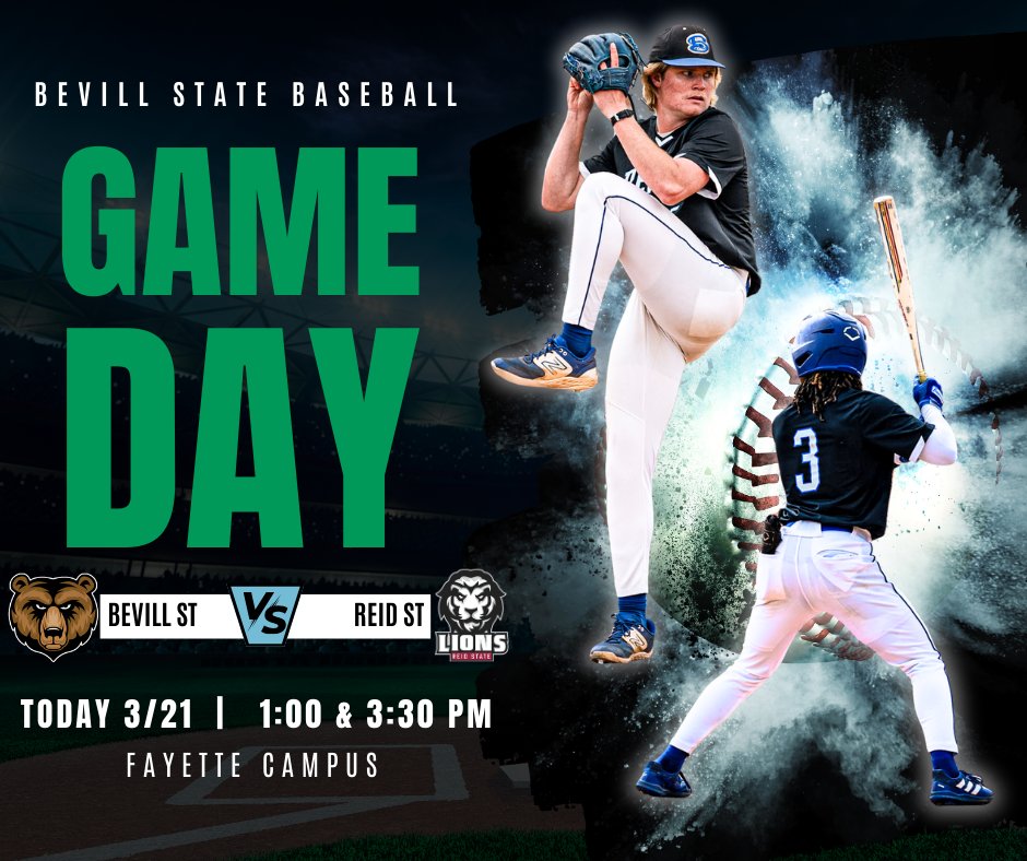 BevillBaseball's tweet photo. ⚾️ Game Day at Home ⚾️
Bevill State hosts Reid State in conference action!
🗓 3/21
⏰ 1:00 PM &amp; 3:30 PM
📍 Fayette Campus
Pack the stands and cheer on your Bears! 💙💚🐻
#BevillState #BearBaseball #HomeGame https://t.co/itG4Yn0Hmj