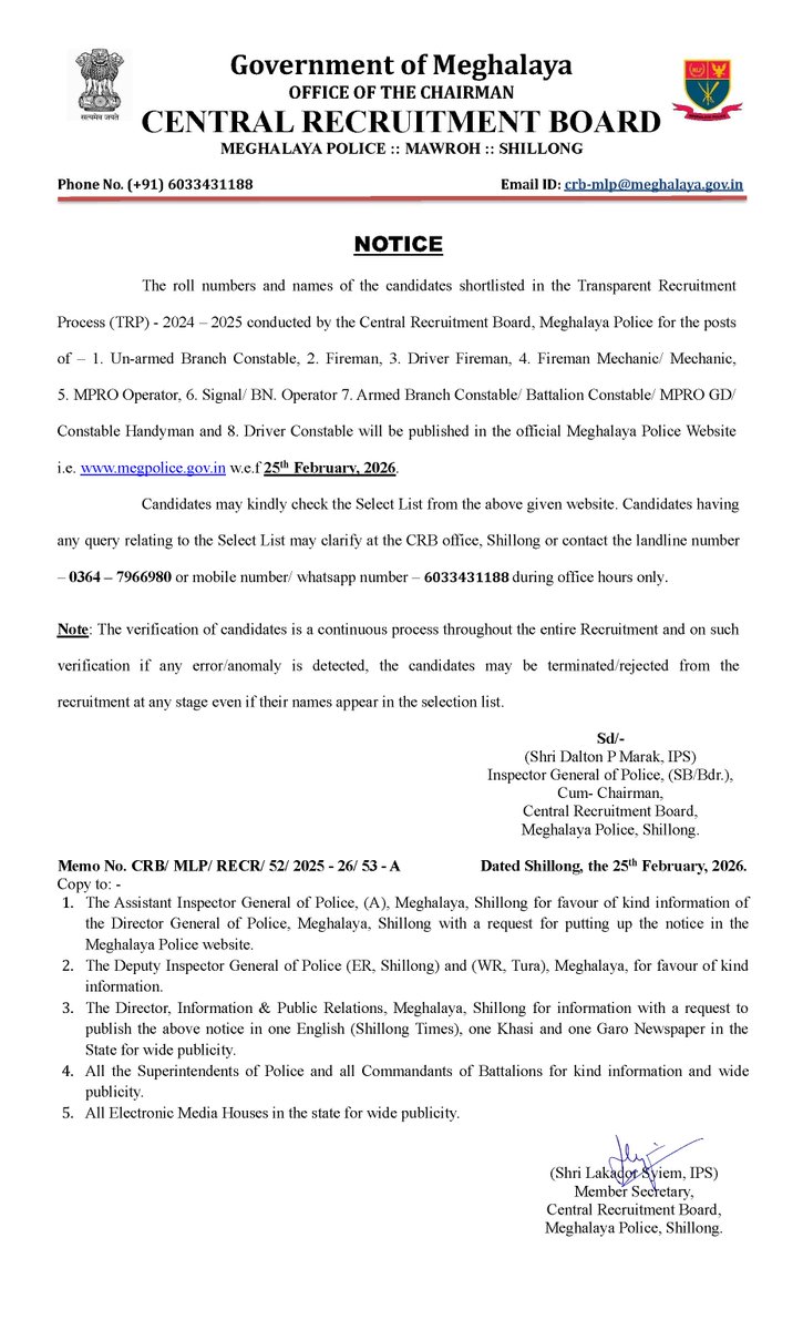 ATTENTION CANDIDATES: Meghalaya Police Select List Released!
The Central Recruitment Board (CRB), Meghalaya Police, has officially published the Select List of candidates in order of merit for various posts.
Visit our Official website to check the result.
 #MeghalayaPolice