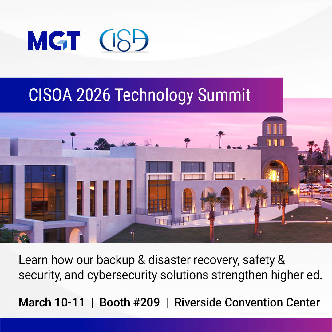 Join us at CISOA 2026 in Riverside, CA! 

AMS.NET| MGT is committed to empowering higher education through secure, innovative cybersecurity, disaster recovery and business continuity, AI readiness and integration, and safety &amp; security solutions. 

Stop by Booth #