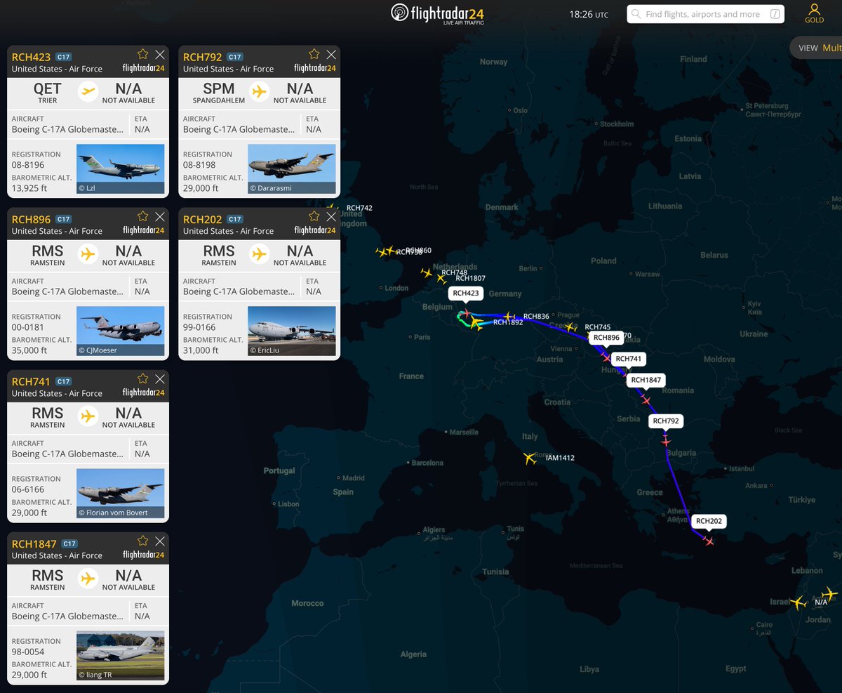 ArmchairAdml's tweet photo. Six C-17s from Ramstein and Spangdahlem headed to the Middle East tonight. https://t.co/rno5PSWXT5