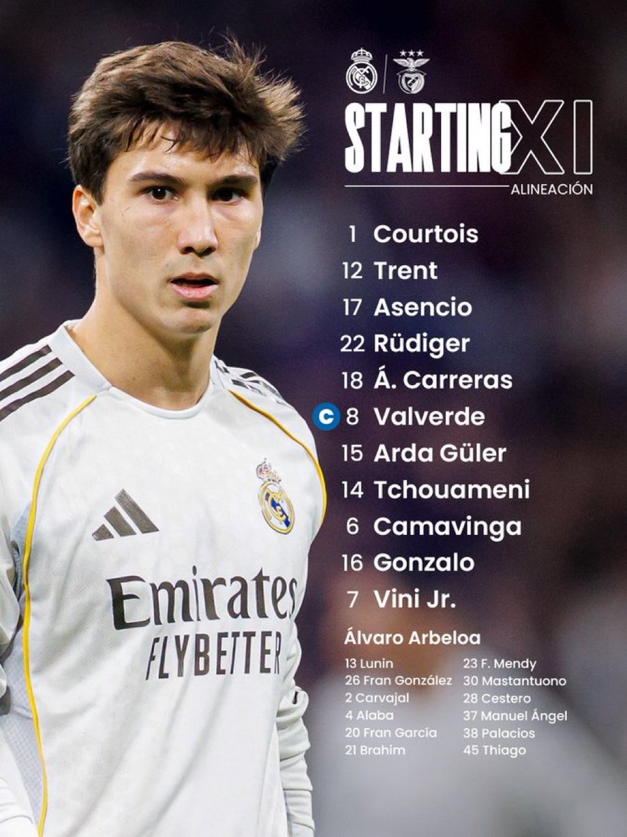 1PassionFoot's tweet photo. 🚨👤 OFFICIEL ! 

La composition du Real Madrid pour la réception de Benfica en vue du barrage retour de Ligue des Champions ! ⚪️

Sans Mbappé 🇫🇷, le Real va-t-il l’emporter chez eux ? 🧐

📸 @realmadrid