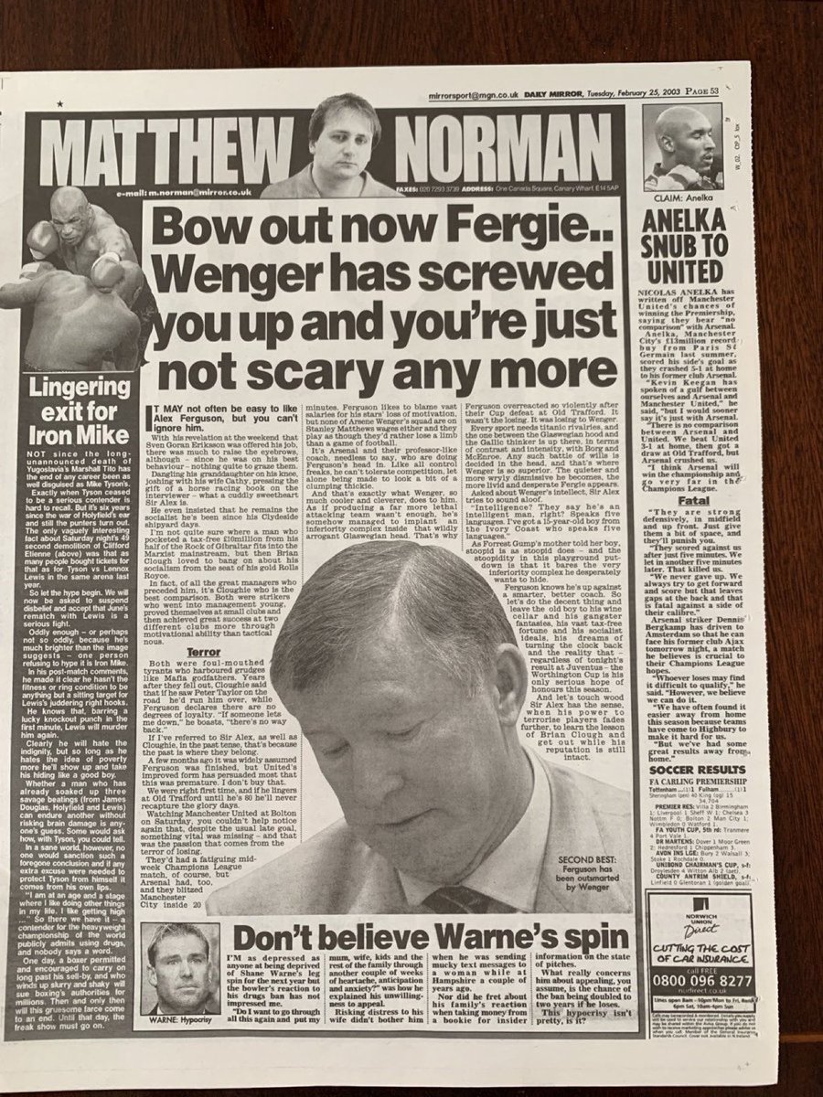 Everyone thinks they’re an expert. Here’s hack Matthew Norman of the Daily Mirror’s take on 25th February 2003. He was urging Fergie to quit because Wenger had him Sussed. Fergie went on to land the title that season, and though Wenger’s ‘invincibles’ would win the title the