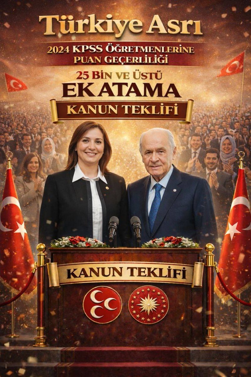 Sayın <a href="/dbdevletbahceli/">Devlet Bahçeli</a> sözleri 2024 KPSS öğretmenlerine umut oldu. Bu umudun ek atama ile taçlanmasını istiyoruz <a href="/RTErdogan/">Recep Tayyip Erdoğan</a>
<a href="/dbdevletbahceli/">Devlet Bahçeli</a>
<a href="/PrfDrFilizKilic/">Prof. Dr. Filiz KILIÇ</a>
<a href="/TalipGeylan06/">Talip Geylan</a>
<a href="/erkanakcay45/">Erkan Akçay</a>
<a href="/oktay_saral/">Oktay SARAL</a>
<a href="/hasandogan/">Hasan Doğan</a>
<a href="/MhpTbmmGrubu/">MHP TBMM Grubu #MHP</a>