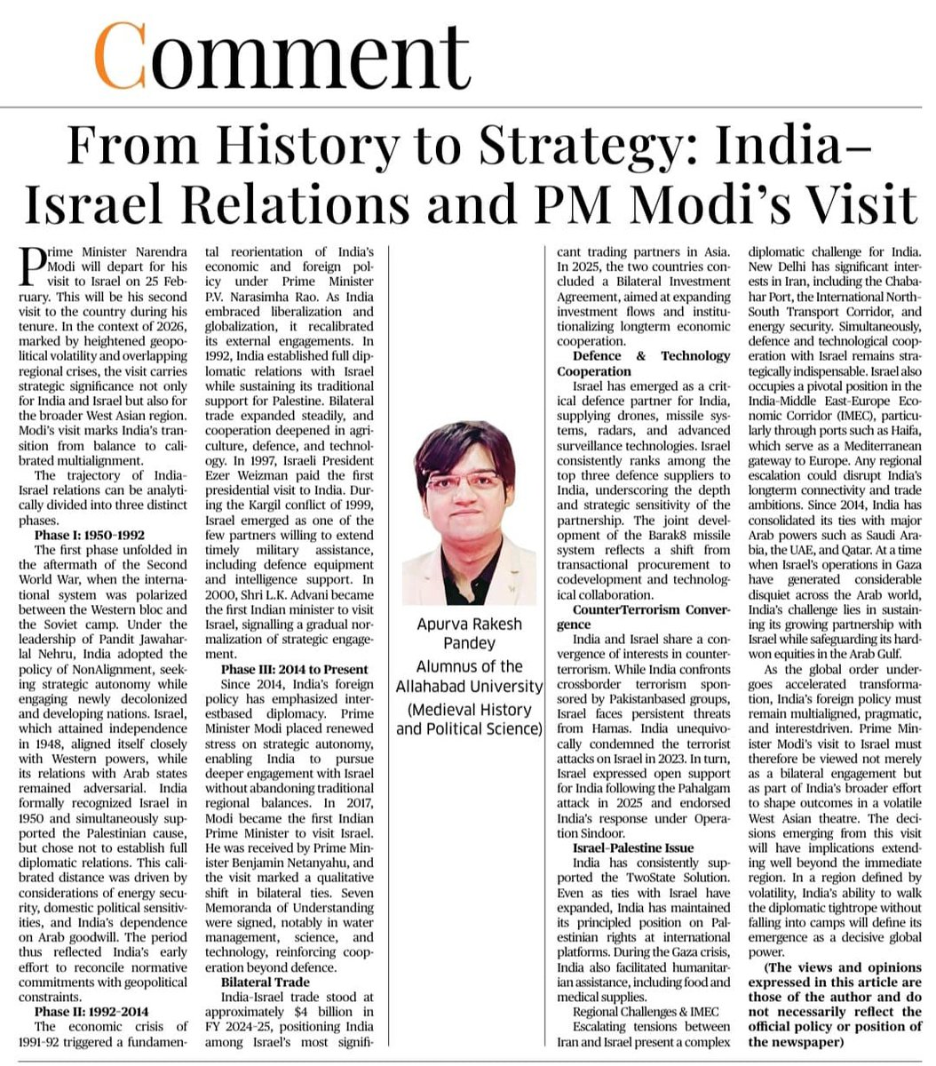 ask_apurvap's tweet photo. Delighted to share that my article has been published for the first time in a regional English newspaper, Central Chronicle. The piece examines the historical, strategic &amp; diplomatic implications of India–Israel relations in a shifting global order. @dravirmani #IndiaIsrael https://t.co/KnQ1tgI42q