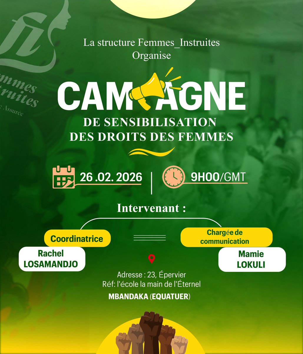 FInstruites's tweet photo. 📢 Ce 26/02 à 9h00, l’antenne de F.Instruites à Mbandaka mène une campagne de sensibilisation aux droits des femmes.
Informer. Éveiller. Transformer.
Ensemble, faisons avancer la dignité féminine. 

@MONUSCO @ONUFemmesRDC @DeniseNyakeru @MinisterEDU_NC @airtelrdc @Vodacomcongo https://t.co/xH1SS5vfEW