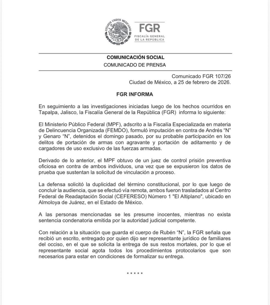 Familia de Nemesio Oseguera Cervantes "El Mencho" reclama su cuerpo, lo siguiente se da a conocer por un comunicado de la FGR.